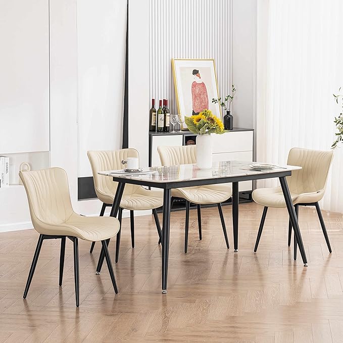 YOUTASTE Dining Chairs Set of 2 Upholstered Mid Century Modern Kitchen Dining Room Chairs Armless Faux Leather Accent Chairs Metal Vanity Lounge Chair with Back for Living Room Bedrooms,Beige - LeafyLoom
