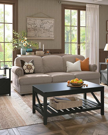Farmhouse Coffee Table with 2-Tier Shelves - Rectangular Coffee Table with Storage for Living Room, Wood Coffee Table with Sturdy Frame, Black - LeafyLoom