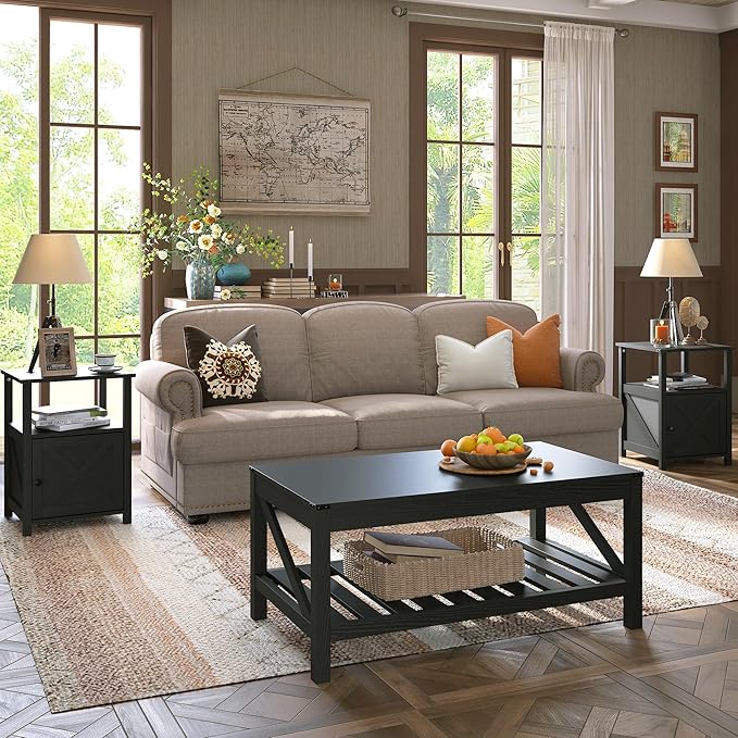 Farmhouse Coffee Table with 2-Tier Shelves - Rectangular Coffee Table with Storage for Living Room, Wood Coffee Table with Sturdy Frame, Black - LeafyLoom