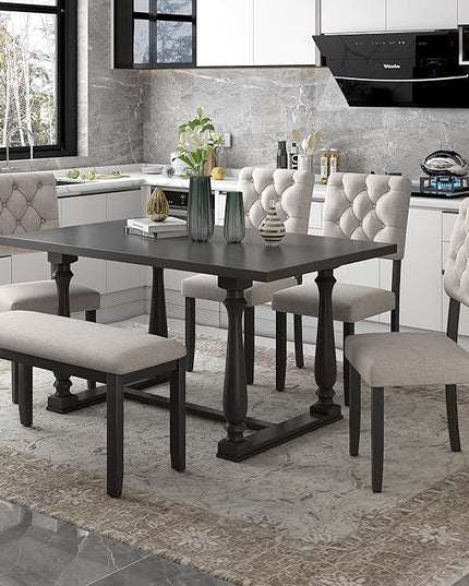 RITSU 6 Piece Retro Dining Table Set with 4 Tufted Button Thick Foam Chairs and 1 Bench, Solid Wood Structure w/Shaped Legs, Suitable for Living Room, Apartment, Gray, 60inch - LeafyLoom