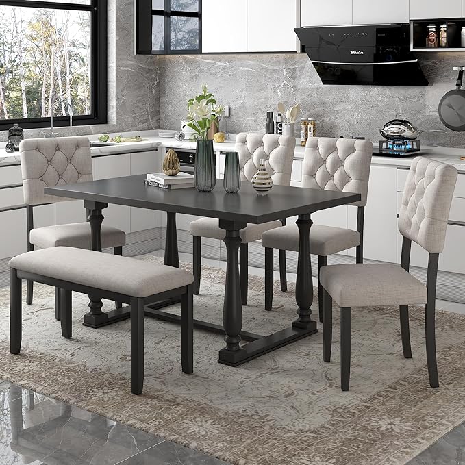 RITSU 6 Piece Retro Dining Table Set with 4 Tufted Button Thick Foam Chairs and 1 Bench, Solid Wood Structure w/Shaped Legs, Suitable for Living Room, Apartment, Gray, 60inch - LeafyLoom