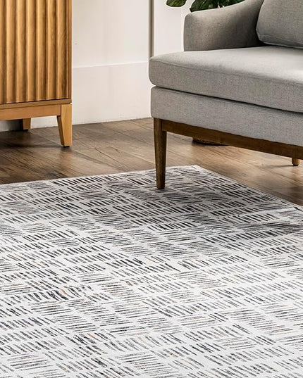 nuLOOM Mitzi Abstract Lines Machine Washable Ultra Thin Area Rug, 5' x 8', Light Grey - LeafyLoom