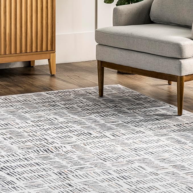 nuLOOM Mitzi Abstract Lines Machine Washable Ultra Thin Area Rug, 5' x 8', Light Grey - LeafyLoom