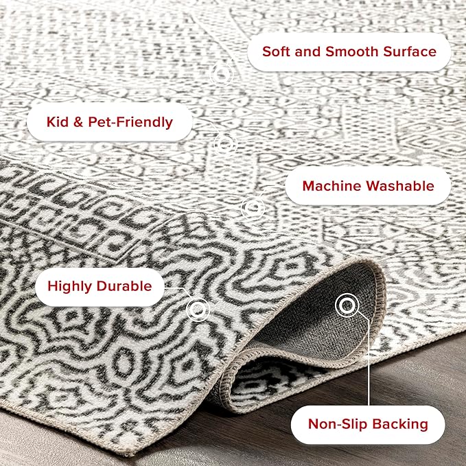 nuLOOM Abstract Tribal Machine Washable Ultra Thin Area Rug, 8x10, Grey - LeafyLoom