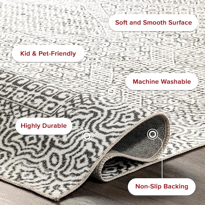 nuLOOM Abstract Tribal Machine Washable Ultra Thin Runner Rug, 2' 6" x 6', Grey - LeafyLoom