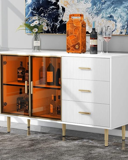 Modern Sideboard MDF with Marble Sticker Tabletop and Amber-Yellow Tempered Glass Doors,Freestanding Buffet Storage Cabinet,W/Gold Metal Legs & Handles,for Dining Room,Kitchen,White, 60" - LeafyLoom