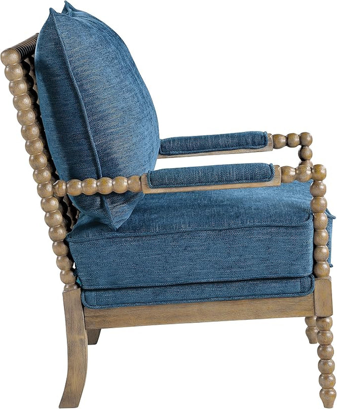 OSP Home Furnishings Fletcher Spindle Accent Chair with Rustic Brown Finish, Navy Blue Upholstery - LeafyLoom