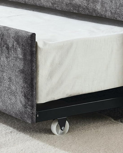 Full Upholstered Tufted Daybed with Twin Size Trundle, Pull Out Button on Back Bed, Waved Shape Arms, No Need Boxing Spring,for Bedroom, Living Room, Grey-3 - LeafyLoom