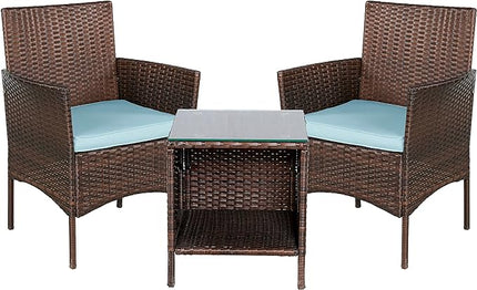 BTEXPERT Space Saving Outdoor Wicker Conversation 3 Piece Bistro Set Garden Patio Yard Porch Furniture Pe Rattan Two Chairs Cushions Side Storage Table Brown/Aqua Blue, OneSize - LeafyLoom