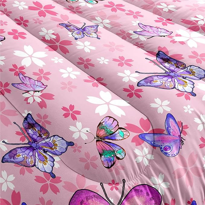 Kids Butterfly Comforter Set - Butterfly Twin Bedding Set Pink Butterflies Prints Bedding Set for Girls Room Cute Princess Bedding Sets for All Season Butterfly Bed Set, 1 Comforter + 1 Pillowcase - LeafyLoom