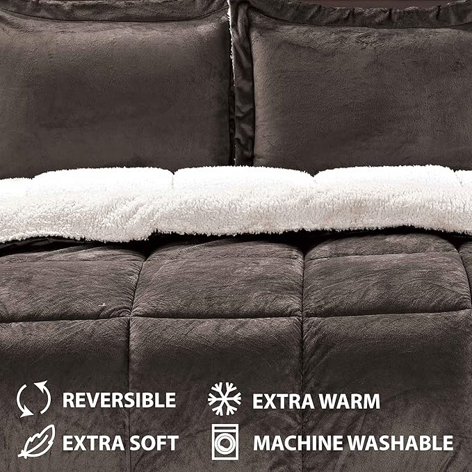 Cathay Home Queen Comforter Set: Ultra Soft and Plush Reversible Micromink and Sherpa 3-Piece Bedding Set, Chocolate, Queen (90" x 90") - LeafyLoom