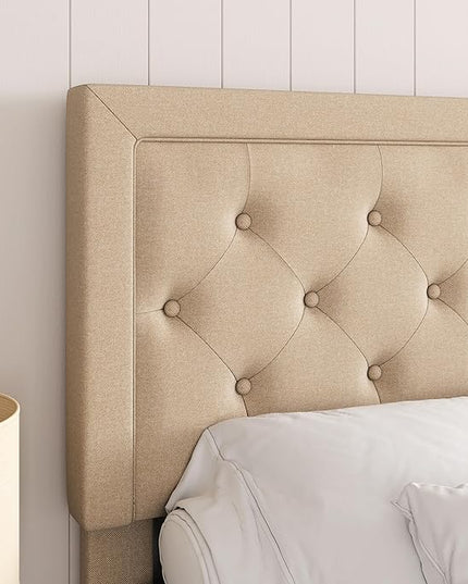 Allewie King Size Platform Bed Frame/Fabric Upholstered Bed Frame with Diamond Button Tufted Headboard/Adjustable Headboard/Wood Slat Support/Mattress Foundation/Beige (King) - LeafyLoom