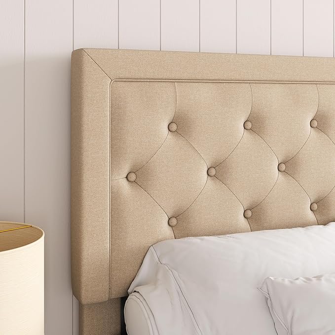 Allewie Full Size Button Tufted Platform Bed Frame/Fabric Upholstered Bed Frame with Adjustable Headboard/Wood Slat Support/Mattress Foundation/Beige (Full) - LeafyLoom