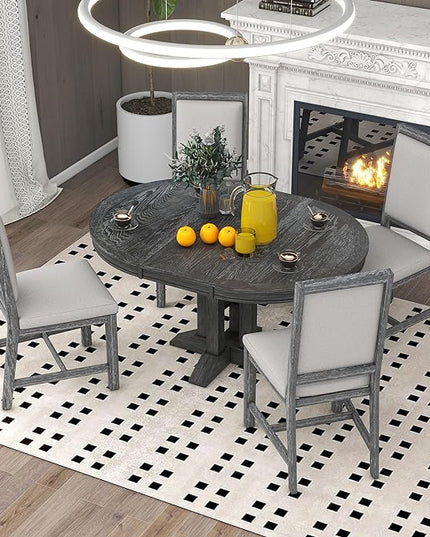 Farmhouse 5-Piece Dining Set, Included Retro Extendable Round Table with X-Shape Base and 4 Upholstered Chairs, Solid Wood Adjustable Dinette Furniture for Kitchen Living Room, Black - LeafyLoom