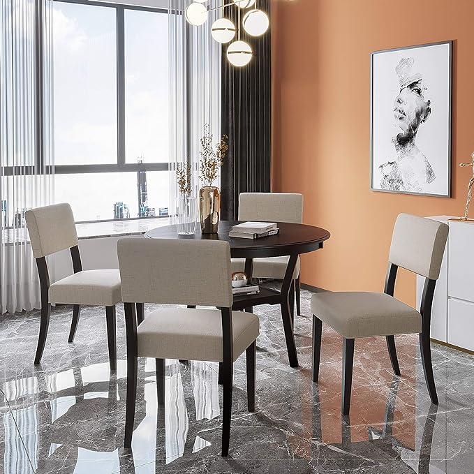 Contemporary Style Kitchen Round with Extra Bottom Shelf, 4 Large Thick Upholstered Chairs Seats, Scientific Backrest Design, Room, 5 Piece Dining Table Set, Espresso 21 - LeafyLoom