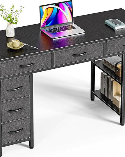 Computer Desk with 6 Drawers, 47 Inch Office Desk with Shelves, Reversible Gaming Desk, Corner Desk with Storage, Work Desk for Home Office, Study, Living Room, Black - LeafyLoom