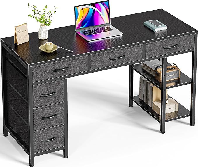Computer Desk with 6 Drawers, 47 Inch Office Desk with Shelves, Reversible Gaming Desk, Corner Desk with Storage, Work Desk for Home Office, Study, Living Room, Black - LeafyLoom