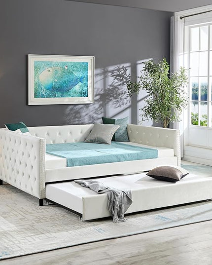 Full Size Velvet Upholstered Daybed with Trundle, Solid Wood Bed w/Button Tufted Backrest, for Living Room, Bedroom, Dorm, No Box Spring Needed, Space-Saving Design - LeafyLoom