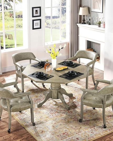 Dining Chairs with Casters and Arms, Large Rolling Dining Chairs with Wheels, Solid Wood Boss Caption's Chairs Office Desk Chairs, 26" D x25.2 W x 31.5" H, Soft Light Grey PU SY-1318-UA - LeafyLoom