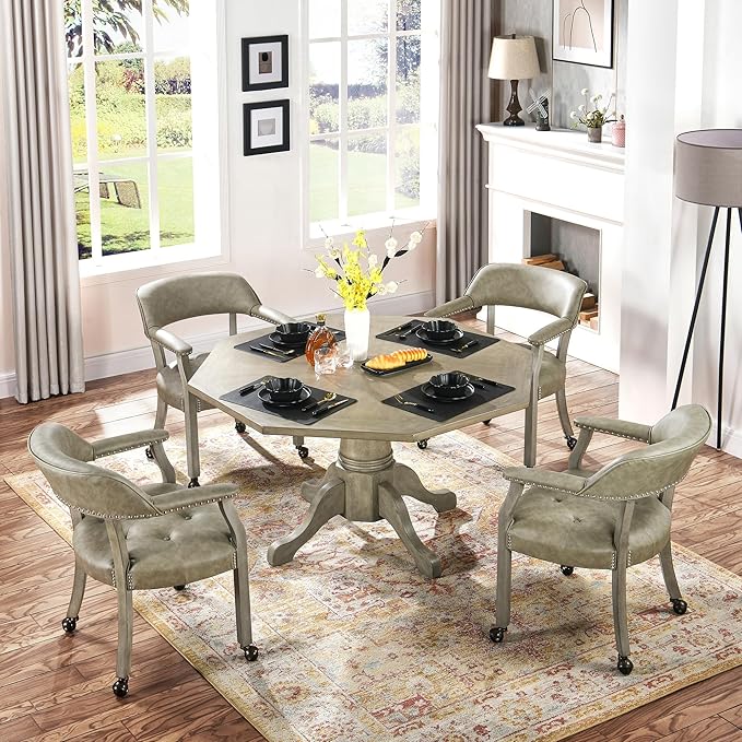 Dining Chairs with Casters and Arms, Large Rolling Dining Chairs with Wheels, Solid Wood Boss Caption's Chairs Office Desk Chairs, 26" D x25.2 W x 31.5" H, Soft Light Grey PU SY-1318-UA - LeafyLoom
