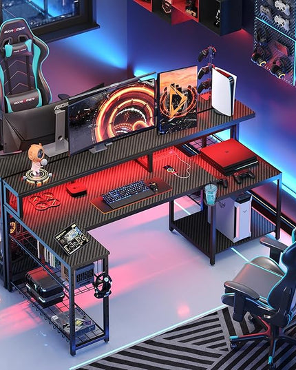 Bestier Gaming Desk with Power Outlets, 71.5 LED Computer Desk with Long Monitor Stand, Large L Shaped Corner Desk with Storage Shelf, Cup Holder Headset Hooks, Cool Desk for Gaming Room, Black - LeafyLoom