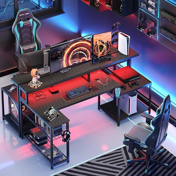 Bestier Gaming Desk with Power Outlets, 71.5 LED Computer Desk with Long Monitor Stand, Large L Shaped Corner Desk with Storage Shelf, Cup Holder Headset Hooks, Cool Desk for Gaming Room, Black - LeafyLoom