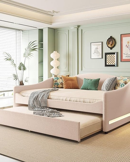 Teddy Fleece Full Size Upholstered Daybed with LED Light and Trundle,Modern Wood Platform Bed W/Side Stripes,Easy Assembly,for Bedroom,Living Room,Guestroom,Beige - LeafyLoom