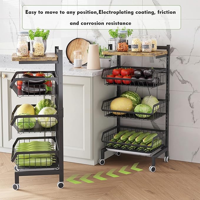 COVAODQ Fruit Basket 4-Tier Adjustable Fruit Vegetable Basket Cart Metal Wire Storage Cart Rolling Pantry Utility Kitchen Cart - LeafyLoom