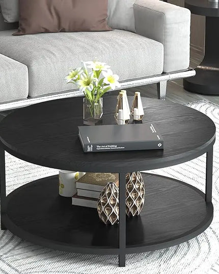 NSdirect 36 inches Round Coffee Table, Rustic Wooden Surface Top & Sturdy Metal Legs Industrial Sofa Table for Living Room Modern Design Home Furniture with Storage Open Shelf (Black) - LeafyLoom