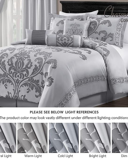 Chezmoi Collection 7-Piece Jacquard Floral Comforter Set (California King, Silver/Gray) - LeafyLoom