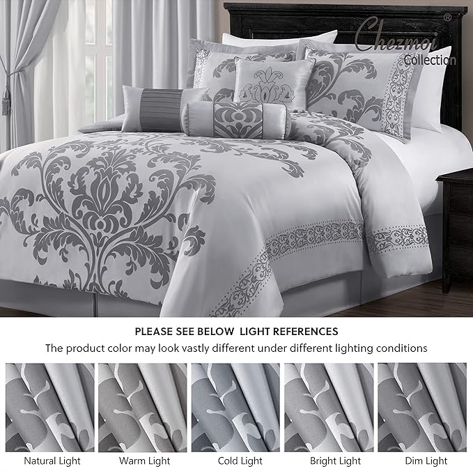 Chezmoi Collection 7-Piece Jacquard Floral Comforter Set (California King, Silver/Gray) - LeafyLoom