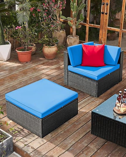Greesum 3 Piece Patio Conversation Set Wicker Rattan Furniture Outdoor Sofa with Cushions,Pillows and Glass Table for Porch,Lawn and Yard, Blue - LeafyLoom