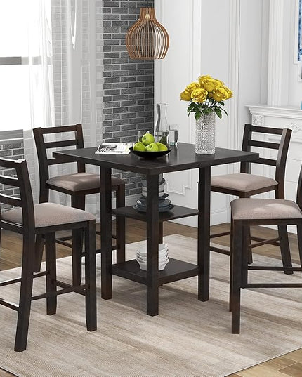 5 Piece Wooden Counter Height Set, Includes 1 Table, 4, Padded Chairs and Storage Shelving, for Dining, Living Room, Kitchen, Espresso - LeafyLoom