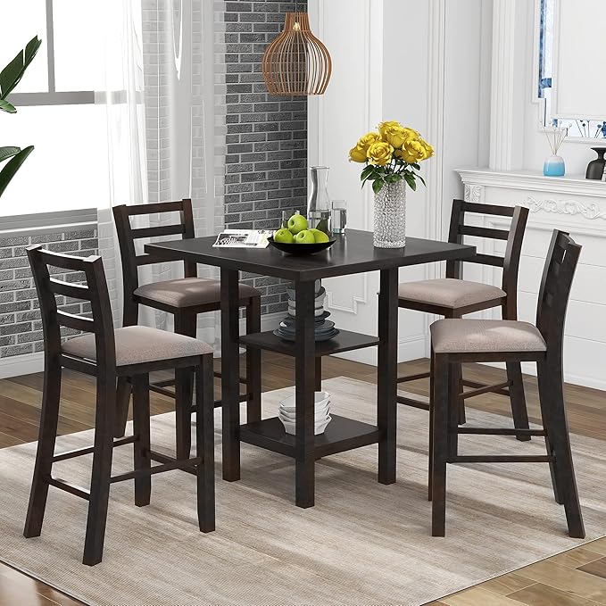 5 Piece Wooden Counter Height Set, Includes 1 Table, 4, Padded Chairs and Storage Shelving, for Dining, Living Room, Kitchen, Espresso - LeafyLoom