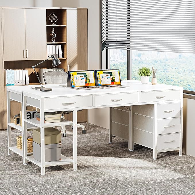 Computer Desk with 6 Drawers, 54 Inch Office Desk with Shelves, Reversible Gaming Desk, Corner Desk with Storage, Work Desk for Home Office, Study, Living Room, White - LeafyLoom