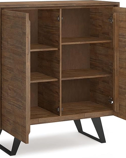 SIMPLIHOME Lowry SOLID ACACIA WOOD and Metal 39 Inch Wide Modern Industrial Medium Storage Cabinet in Rustic Natural Aged Brown, For the Living Room, Entryway and Family Room - LeafyLoom