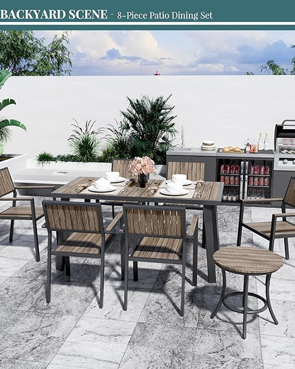 Pamapic 8-Piece Patio Dining Set，Outdoor Aluminum Furniture Set with Plastic-Wood Table Top,Outdoor Furniture Set with 6 Outdoor Stackable Chairs for Patio Garden Poolside，Walnut - LeafyLoom
