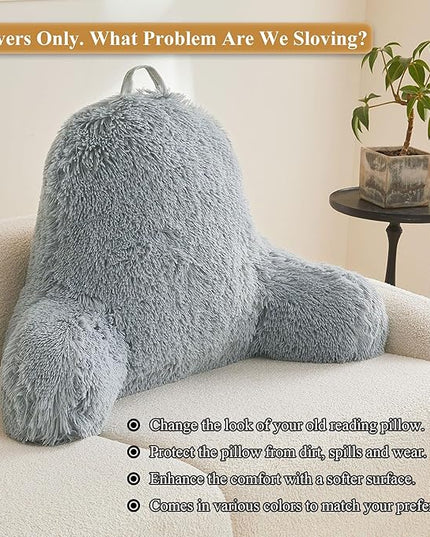 XeGe Faux Fur Reading Pillow Cover (No Filler), Fluffy Back Rest Pillow Case for Bed Sitting Up, Adults Kids Gaming Shaggy Sit Up Back Support Pillow Cover with Arms Couch Chair Office, Light Grey - LeafyLoom