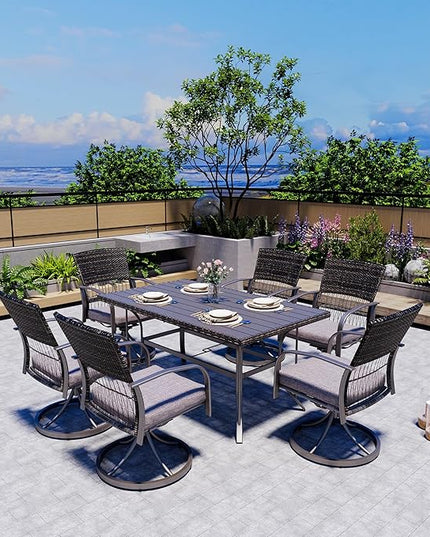 Pamapic 7 Piece Patio Dining Set for 6,Outdoor Wicker Furniture Set for Backyard Garden Deck Poolside with 6 Cushions Swivel Rocker Chairs,Iron Slats Table Top, Removable Cushions(Gray) - LeafyLoom