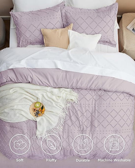 Bedsure King Size Comforter Set - Lavender Boho Comforter, Tufted Shabby Chic Bedding Comforter Set, 3 Pieces Vintage Farmhouse Bed Set for All Seasons, Fluffy Soft Bedding Set with 2 Pillow Shams - LeafyLoom