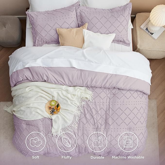 Bedsure King Size Comforter Set - Lavender Boho Comforter, Tufted Shabby Chic Bedding Comforter Set, 3 Pieces Vintage Farmhouse Bed Set for All Seasons, Fluffy Soft Bedding Set with 2 Pillow Shams - LeafyLoom