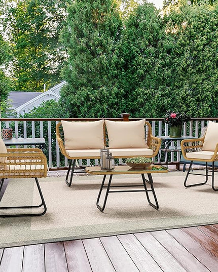 YITAHOME 4-Piece Patio Furniture Wicker Outdoor Bistro Set, All-Weather Rattan Conversation Loveseat Chairs for Backyard, Balcony and Deck with Soft Cushions and Metal Table (Light Brown+Beige) - LeafyLoom
