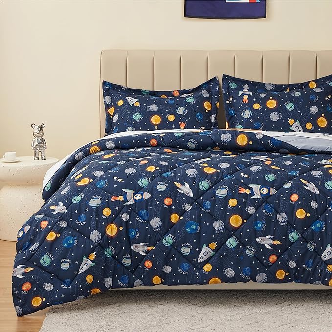 Queen Space Bedding Sets for Boys, 3 Pieces Kids Queen Comforter Sets, Super Soft Lightweight for All Seasons, Includes 1 Comforter (88"x88") and 2 Pillowcase (20"x26"+2") - LeafyLoom