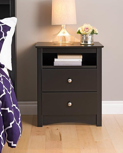 Prepac's Fremont 2 Drawer Nightstand: Elegant Bedroom Furniture, Bedside Table with Open Shelf, 23.25"W x 16"D x 28"H, Black - BDC-2428 - LeafyLoom