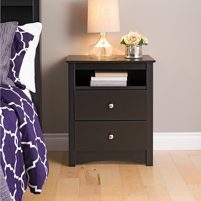 Prepac's Fremont 2 Drawer Nightstand: Elegant Bedroom Furniture, Bedside Table with Open Shelf, 23.25"W x 16"D x 28"H, Black - BDC-2428 - LeafyLoom