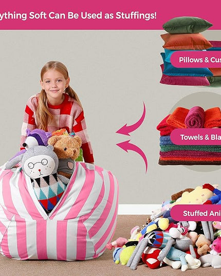 Aubliss Stuffed Animal Bean Bag Storage Chair, Beanbag Covers Only for Organizing Plush Toys, Turns into Bean Bag Seat for Kids When Filled, Medium 32"-Canvas Stripes Pink/White - LeafyLoom