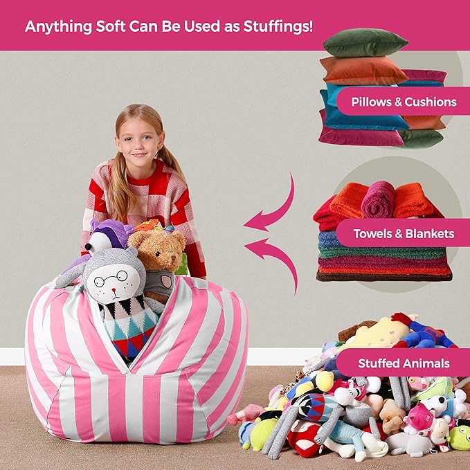 Aubliss Stuffed Animal Bean Bag Storage Chair, Beanbag Covers Only for Organizing Plush Toys, Turns into Bean Bag Seat for Kids When Filled, Medium 32"-Canvas Stripes Pink/White - LeafyLoom