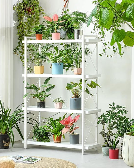 HCHQHS Bookshelf, 4-Tier Industrial Bookcase, White Open Book Shelf, Freestanding Tall Bookshelves with Metal Frame - LeafyLoom