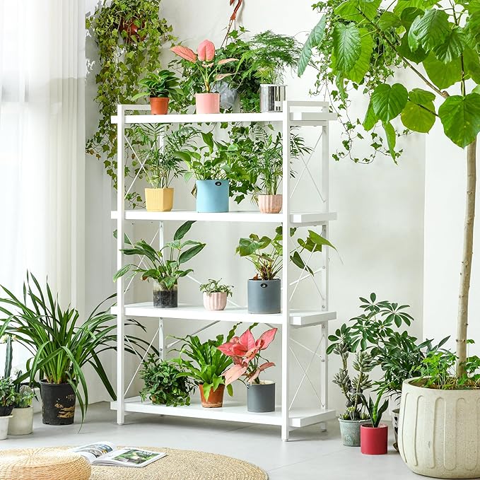 HCHQHS Bookshelf, 4-Tier Industrial Bookcase, White Open Book Shelf, Freestanding Tall Bookshelves with Metal Frame - LeafyLoom