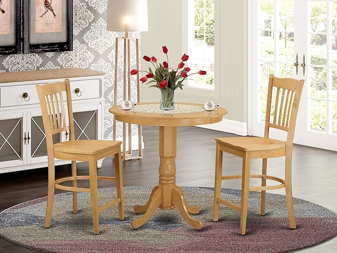 East West Furniture JAGR3-OAK-W 3 Piece Kitchen Counter Height Dining Table Set Contains a Round Wooden Table with Pedestal and 2 Dining Chairs, 36x36 Inch, Oak - LeafyLoom